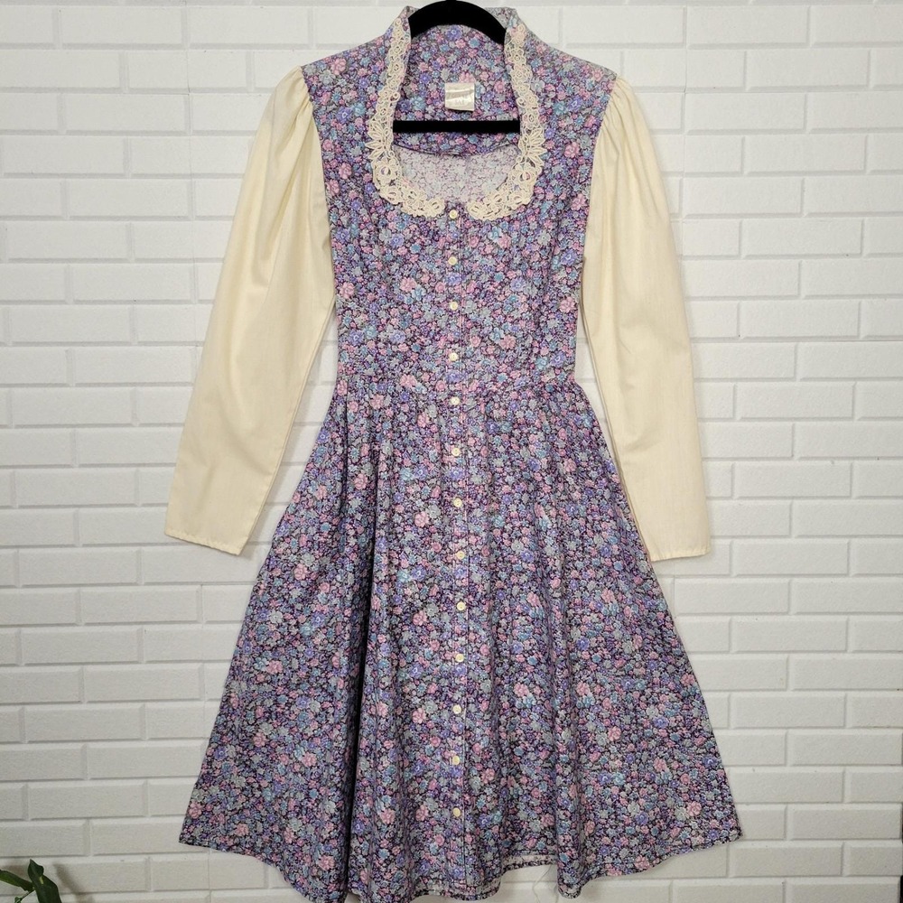 Vintage 70s Gunne Sax Prairie Midi Dress XS Cottagecore Romantic Long Sleeve - Picture 5 of 11